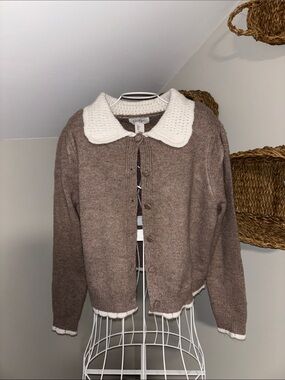 Jessica Simpson Brown Cardigan with Cream Crochet Collar